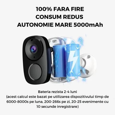 Camera de supraveghere WIFI 2K Taggo.ro cu baterie, rezistentă la apă IP66, control în aplicație și înregistrare video 4MP