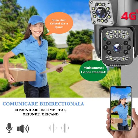Camera de supraveghere 4G Taggo, 4K, 8MP, cu 2 lentile, control prin aplicație, rezistentă la apă IP66, urmărire automată