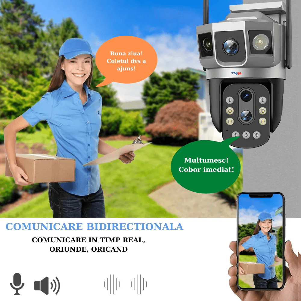 Camera de supraveghere 4G Taggo cu 3 lentile, 6K, zoom 10x optic, notificări și control din aplicație, urmărire automată.