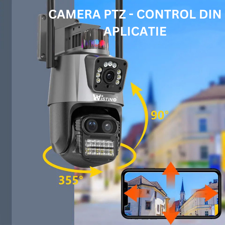 Camera de supraveghere WIFI 5K, 3 lentile, Zoom 8X, Control din aplicatie, Urmarire automata, Rezistenta la apa IP66 - Taggo.ro