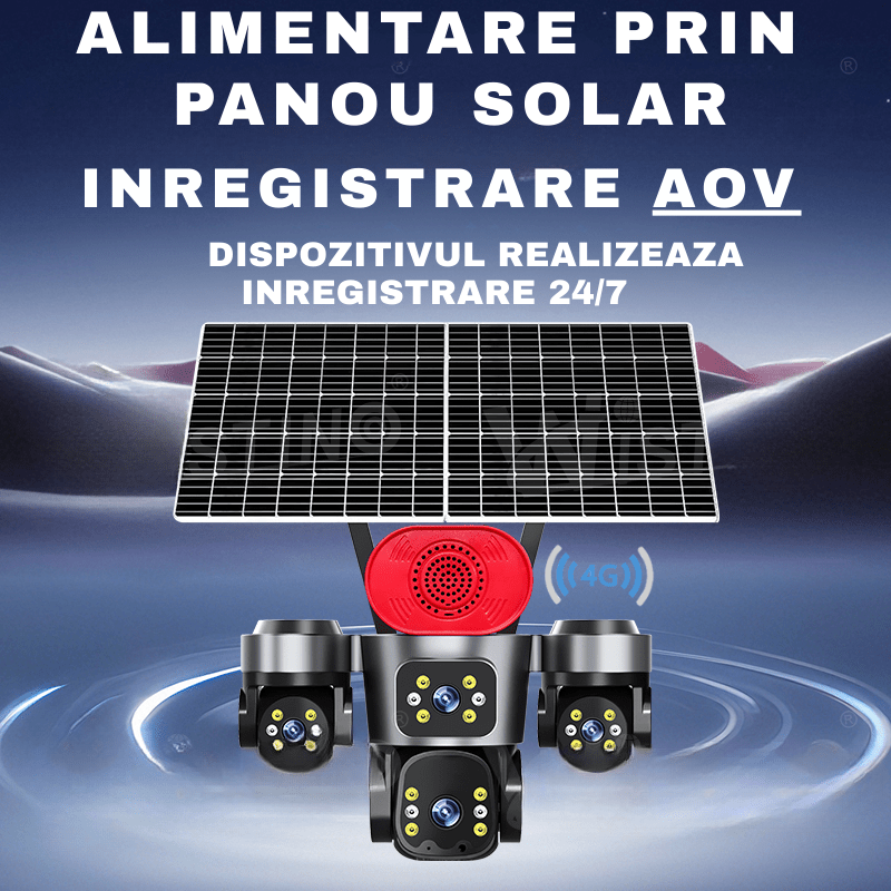 Camera de Supraveghere 4 Lentile, 16MP, Dublu Panou Solar, Conexiune 4G, Control din Aplicatie, Viziune Colora si IR, Comunicare Bidirectionala, Protectie IP66 - Taggo.ro