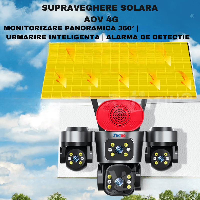 Camera de Supraveghere 4 Lentile, 16MP, Dublu Panou Solar, Conexiune 4G, Control din Aplicatie, Viziune Colora si IR, Comunicare Bidirectionala, Protectie IP66 - Taggo.ro