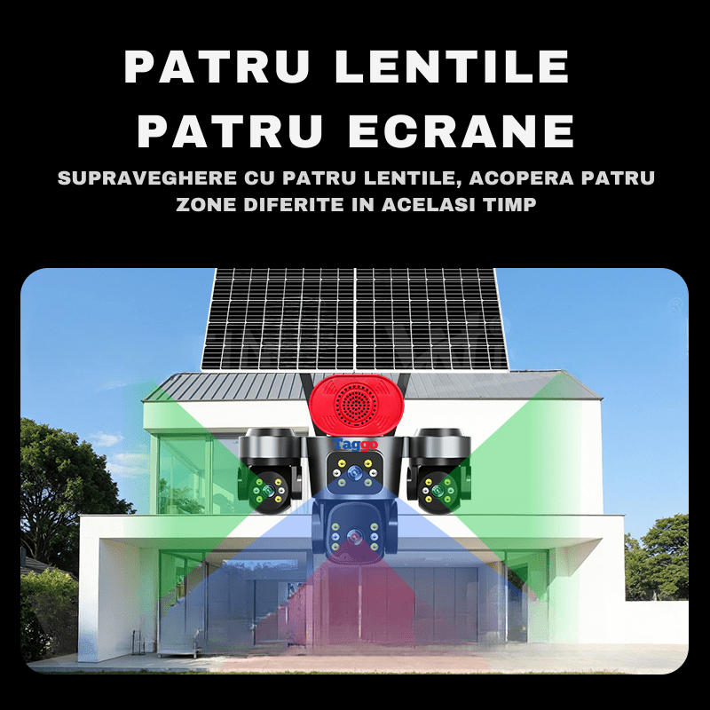 Camera de Supraveghere 4 Lentile, 16MP, Dublu Panou Solar, Conexiune 4G, Control din Aplicatie, Viziune Colora si IR, Comunicare Bidirectionala, Protectie IP66 - Taggo.ro