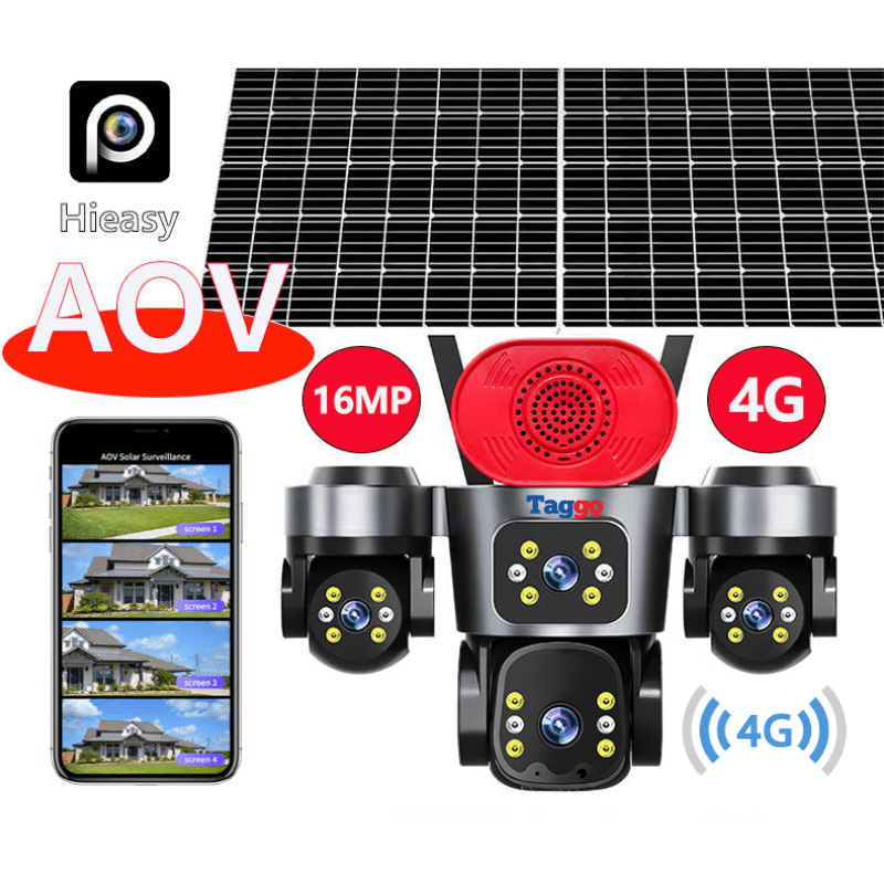 Camera de Supraveghere 4 Lentile, 16MP, Dublu Panou Solar, Conexiune 4G, Control din Aplicatie, Viziune Colora si IR, Comunicare Bidirectionala, Protectie IP66 - Taggo.ro