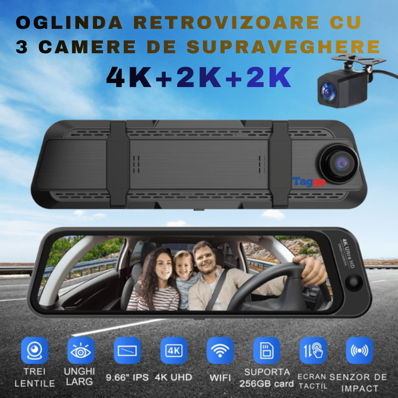 Oglinda retrovizoare DVR S16 4K cu 3 camere, ecran 9.66”, WiFi, pentru față, interior și spate, de la Taggo.ro