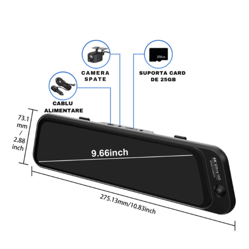 Oglinda retrovizoare DVR S16 4K cu 3 camere, ecran 9.66” și WiFi, pentru mașină, cu vedere față, interior și spate
