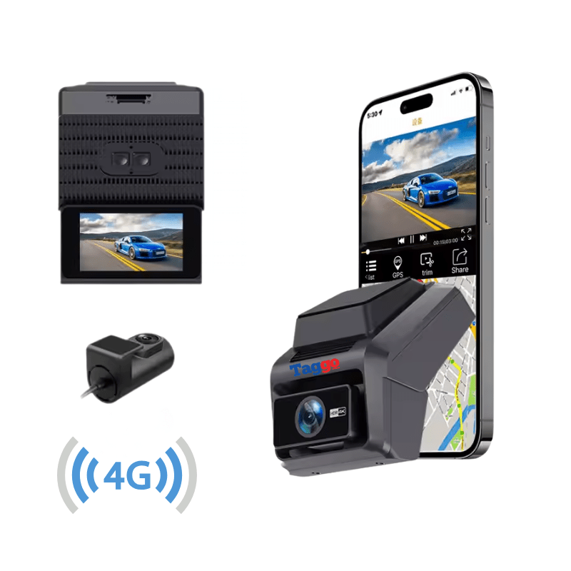 Camera auto Taggo 2K cu conectivitate 4G, vedere față și spate, DVR, GPS și monitorizare traseu pentru mașină.