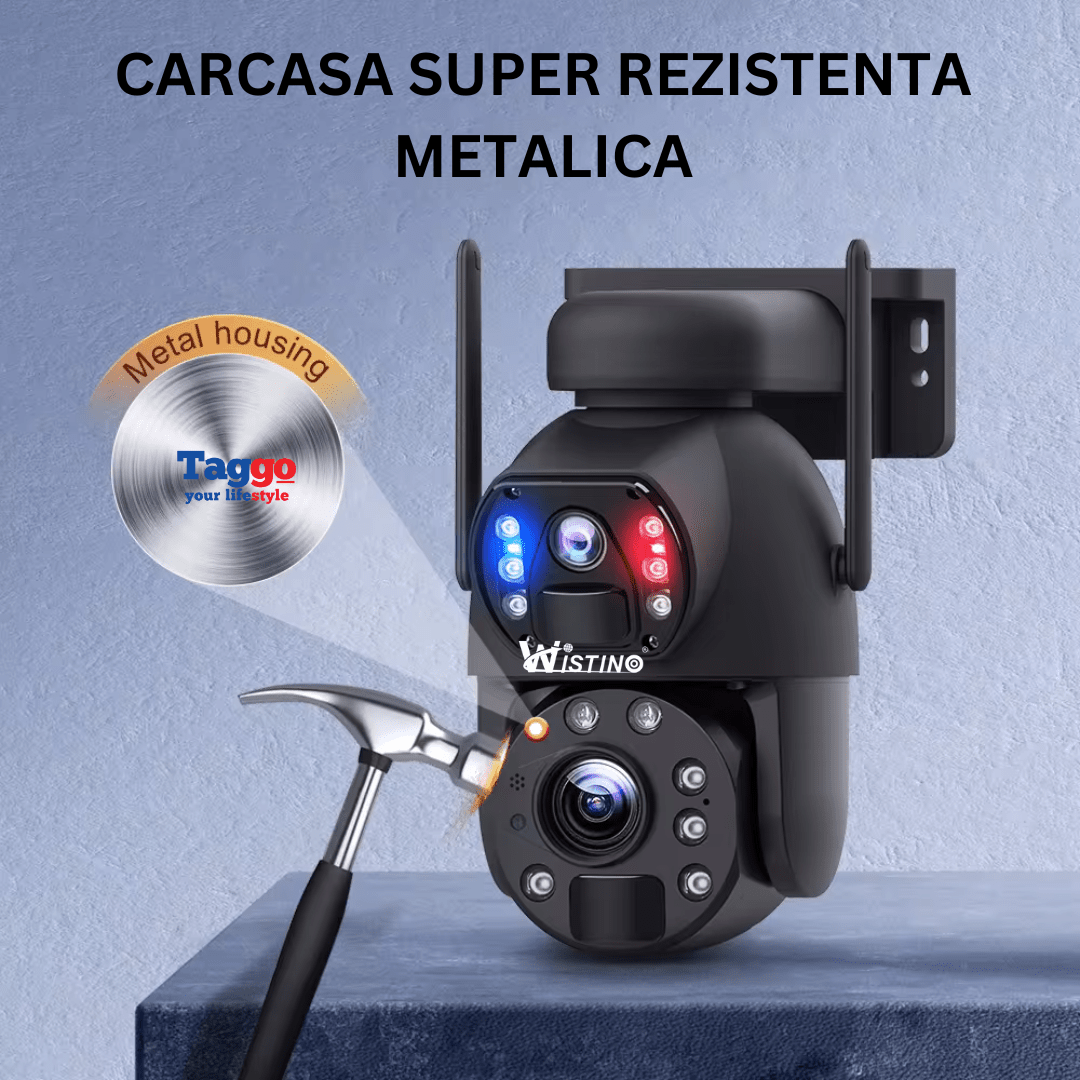 Camera de supraveghere Taggo.ro 4G 3K Ultra HD, zoom 50X, duală, rezistentă la apă IP66, cu încărcare solară și rotire din aplicație.