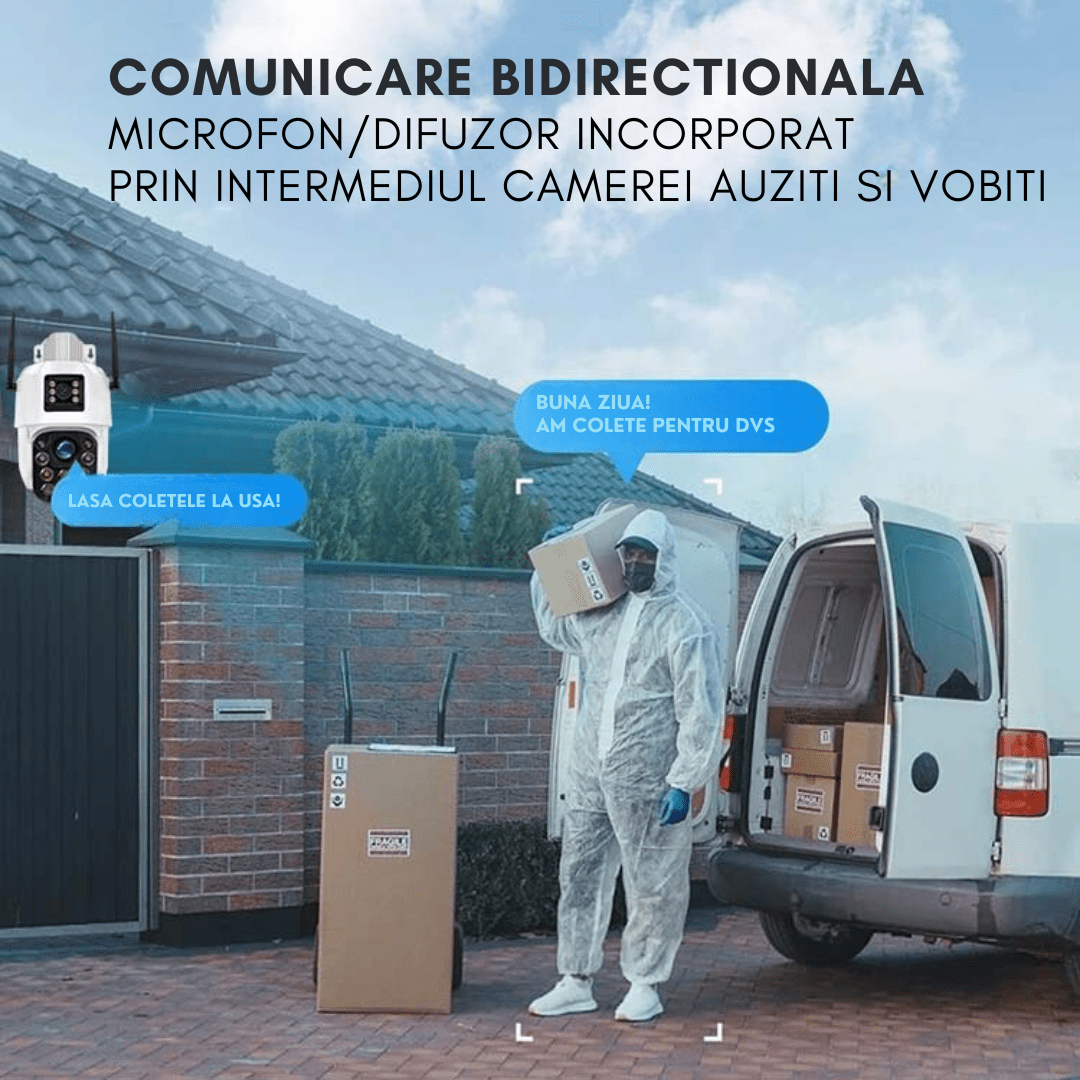 Camera supraveghere Fast Bundle cu panou solar, zoom 100X, rezoluție 4K ULTRA HD, PTZ exterior, microfon și speaker în imagine.