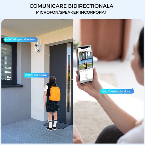 Camera WiFi de supraveghere Taggo 4K, 8MP, cu 2 lentile, control prin aplicație, urmărește automat și rezistentă la apă IP66.