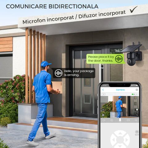 Camera de supraveghere Black 5MP cu incarcare solară, 4G, microfon și difuzor, rotire din aplicație, rezistentă la apă IP66.