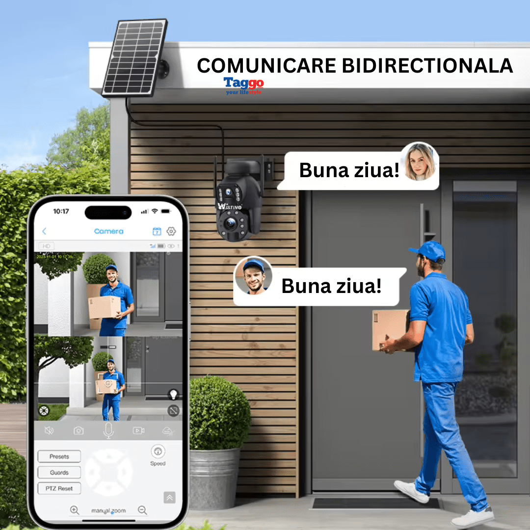 Camera supraveghere 4G Taggo.ro, ultra HD 3K, zoom 50x, dual camera, incarcare solară, rotire din aplicație, rezistentă la apă IP66