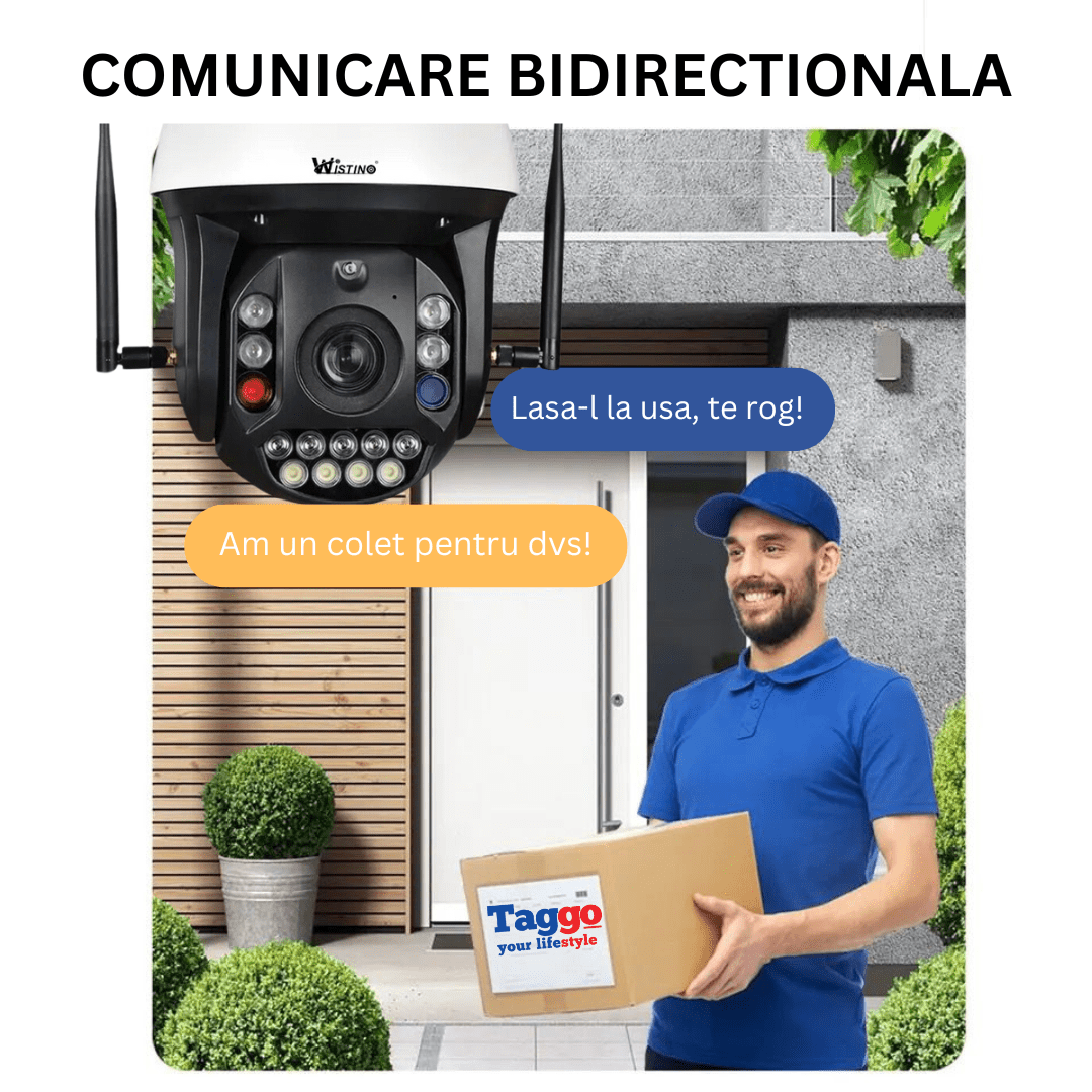 Camera supraveghere WIFI 4K Ultra HD cu zoom 99X, rotire 360°, rezistentă la apă IP66, comunicare bidirecțională, marca Taggo.ro
