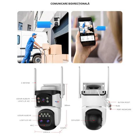 Camera de supraveghere 4G VSTARCAM, 9MP, 3 lentile, zoom 10x, rezistentă la apă, acoperire vizuală 360°.