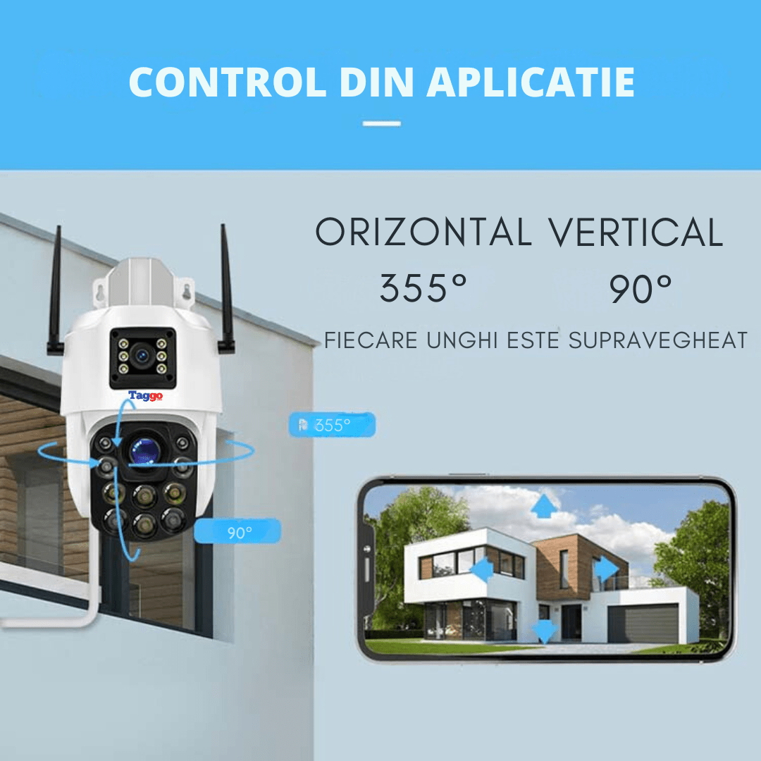 Camera de supraveghere 4G 4K Taggo cu control din aplicație, detectare umană, rezistență IP66, zoom 100X și lentile duale.