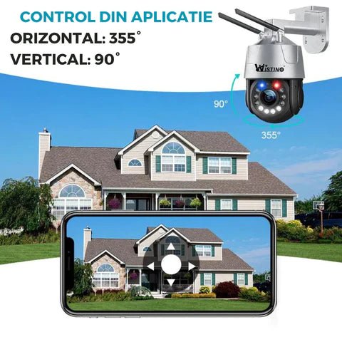 Camera de supraveghere 4G 4K Ultra HD Taggo, cu zoom optic 99X, rotire din aplicație și rezistență IP66 pentru exterior