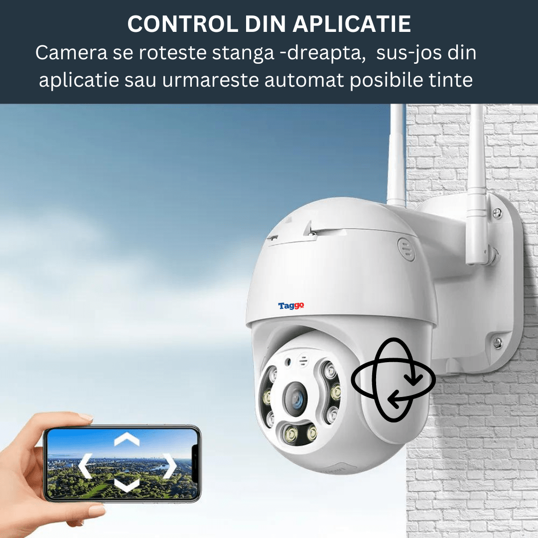 Camera de supraveghere WIFI Taggo 5MP, rezistent la apă, rotire 360°, detectare umană și notificări pe telefon