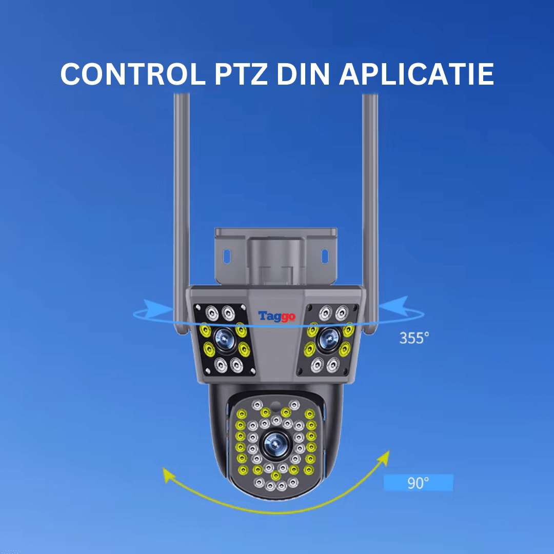 Camera de supraveghere WIFI 3K Taggo.ro cu 3 lentile, control din aplicație, urmărire automată și rezistență IP66, în imagine.