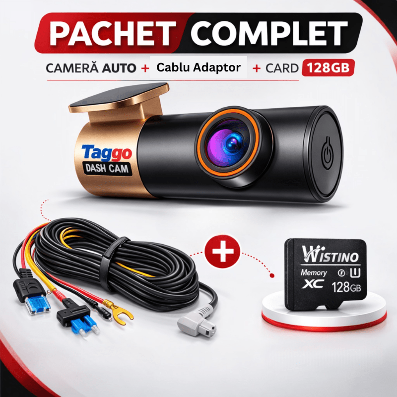 Cablu adaptor pentru cameră auto 2K WiFi Fast Bundle cu conexiune 24/7 și card de memorie 128GB, pentru monitorizare continuă.