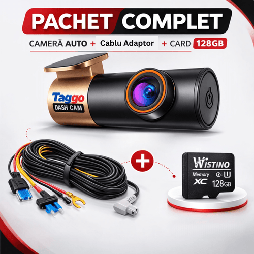 Pachet Complet Camera Auto 2k WIFI + Cablu adaptor Conexiune 24/7 + Card Memorie 128GB