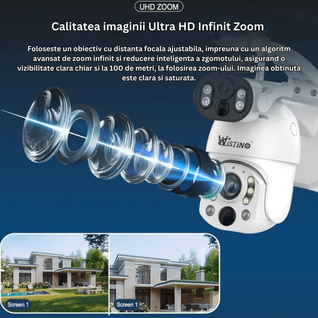 Camera supraveghere 4G 4K Ultra HD cu zoom 50x, dual lens, panou solar, rezistent la apă IP66, control din aplicație.
