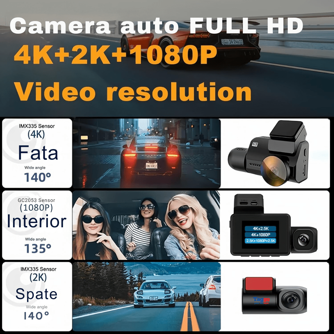 Camera auto dual lens Taggo cu înregistrare 4K, cameră spate 2K și interior 1080P, senzor Sony IMX335, Wi-Fi și vizionare nocturnă
