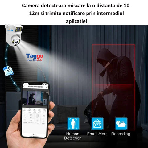 Camera 4G de supraveghere, Cartela SIM 4K, 8MP, 2 lentile, Control din aplicatie, Urmarire automata, Rezistenta la apa IP66 - Taggo.ro