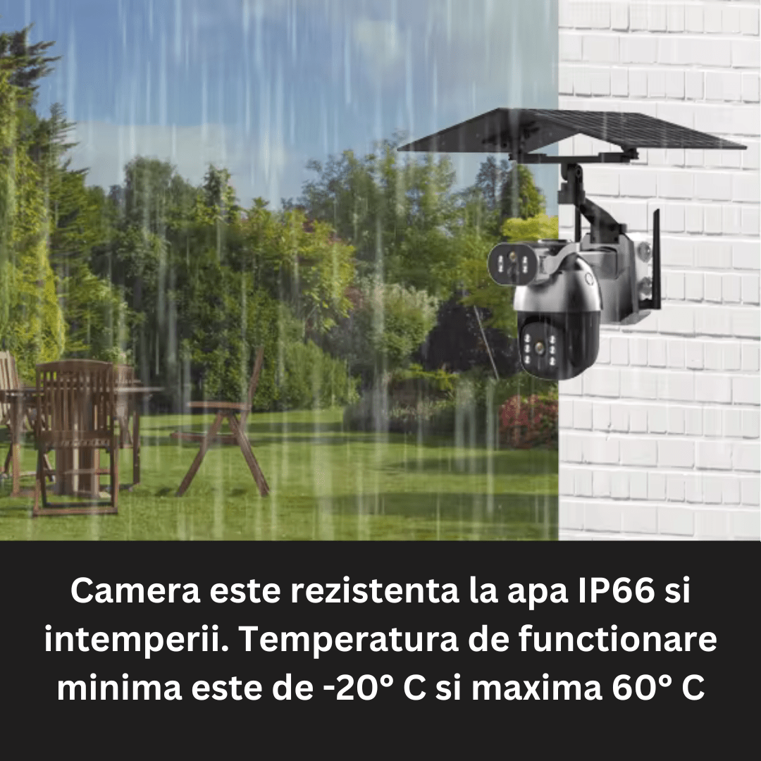 Camera supraveghere 4G Ultra HD Taggo.ro, duală, 6MP, rezistentă la apă IP66, cu incarcare solară și rotire din aplicație.