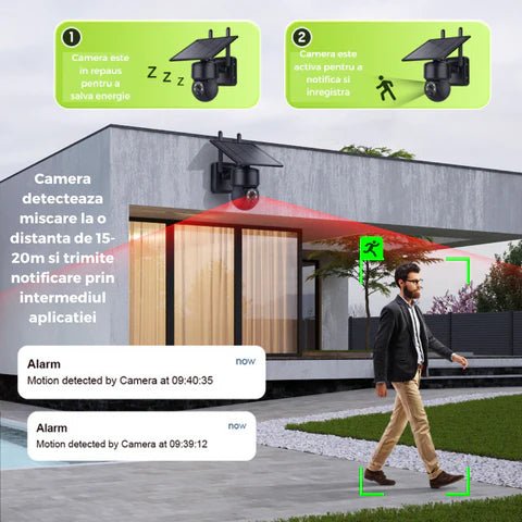 Camera de supraveghere Black 5MP cu încărcare solară, rotire din aplicație și rezistență IP66, pentru supraveghere în aer liber