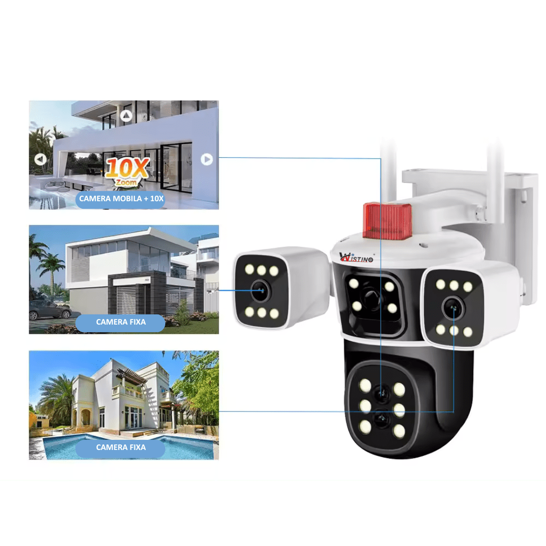 Camera de supraveghere WIFI 8K Taggo.ro cu zoom 10X, 16MP, 4 lentile, control app și urmărire automată, pentru siguranță.