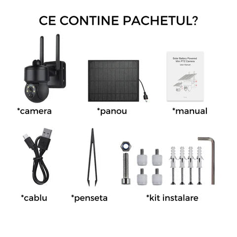 Camera de supraveghere Black 5MP cu încărcare solară, 4G, rotire din aplicație și rezistență IP66, în pachet cu 8 unități.