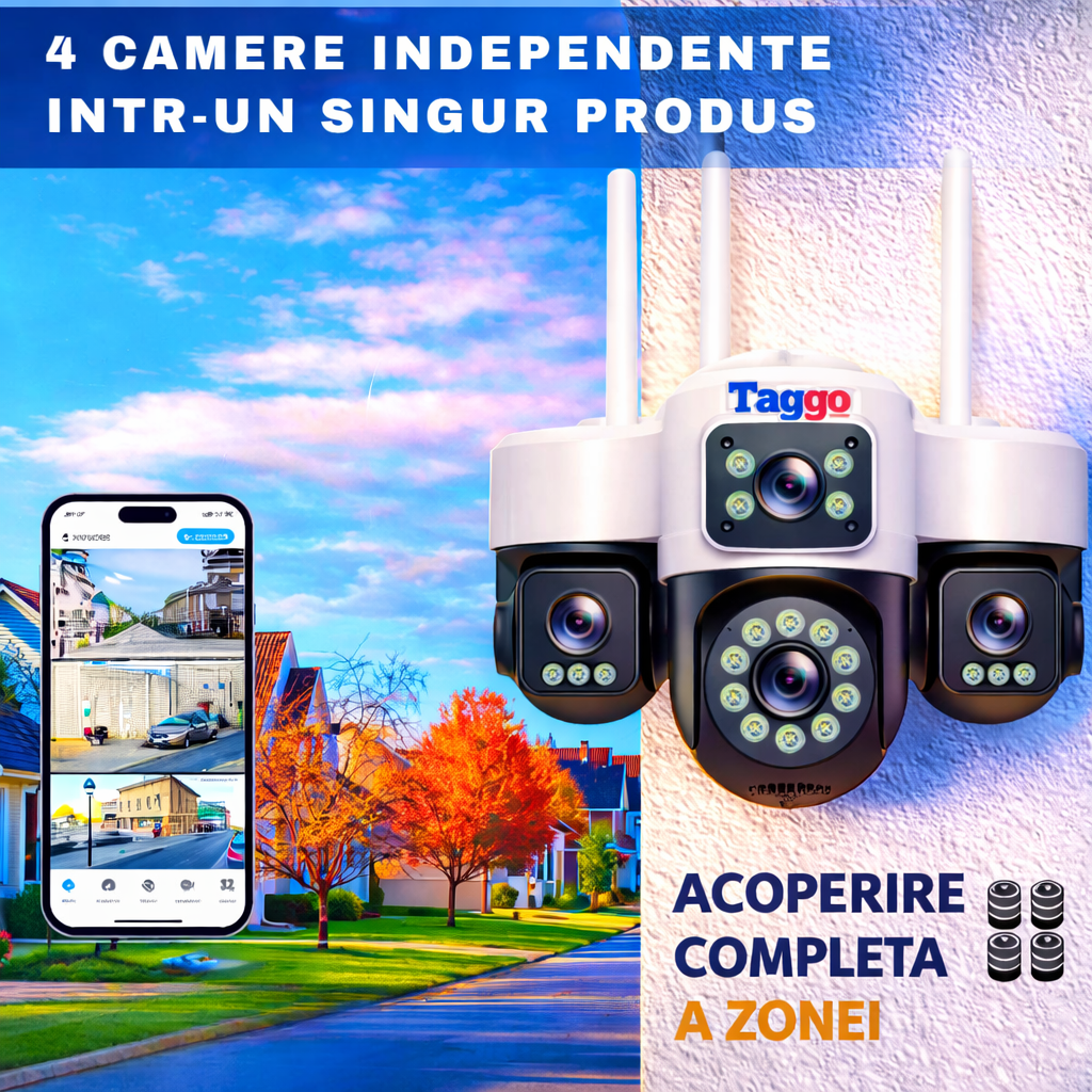 Camera de Supraveghere Cu 4 lentile, 16MP, Conexiune WIFI, Night Vision Full Color si Detectie Miscare, IP66 - Taggo.ro