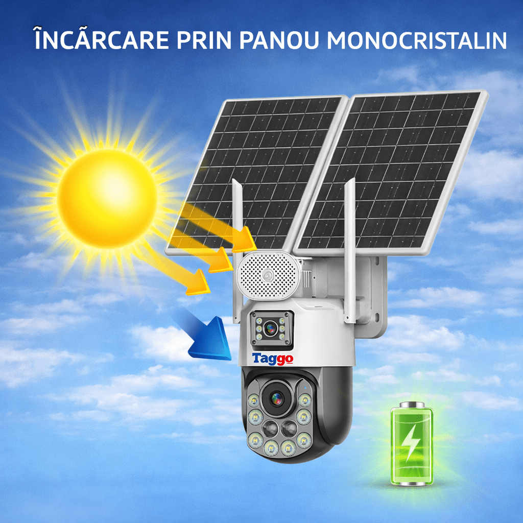 Camera de Supravghere cu Dublu Panou Solar, Rezolutie 4k, Zoom 99X, Conexiune 4G, Inregistrare Continua AVO, Comunicare Bidirectionala, Control din Aplicatie, Vizualizare Nocturna Ful Colo si IR, Protectie IP66 - Taggo.ro