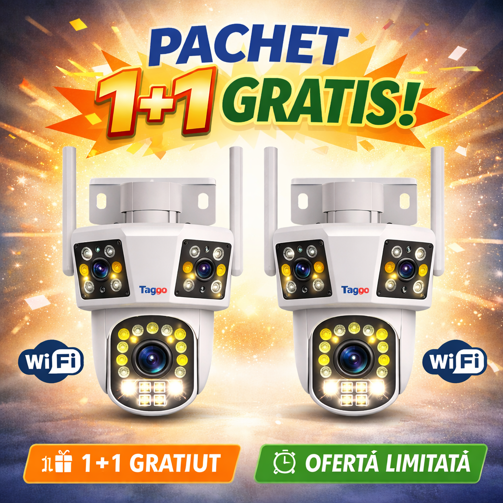 Pachet 1+1 gratis  Camere de supraveghere WIFI 3K, 3 lentile, Control din aplicatie, Urmarire automata, Rezistenta la apa IP66 - Taggo.ro