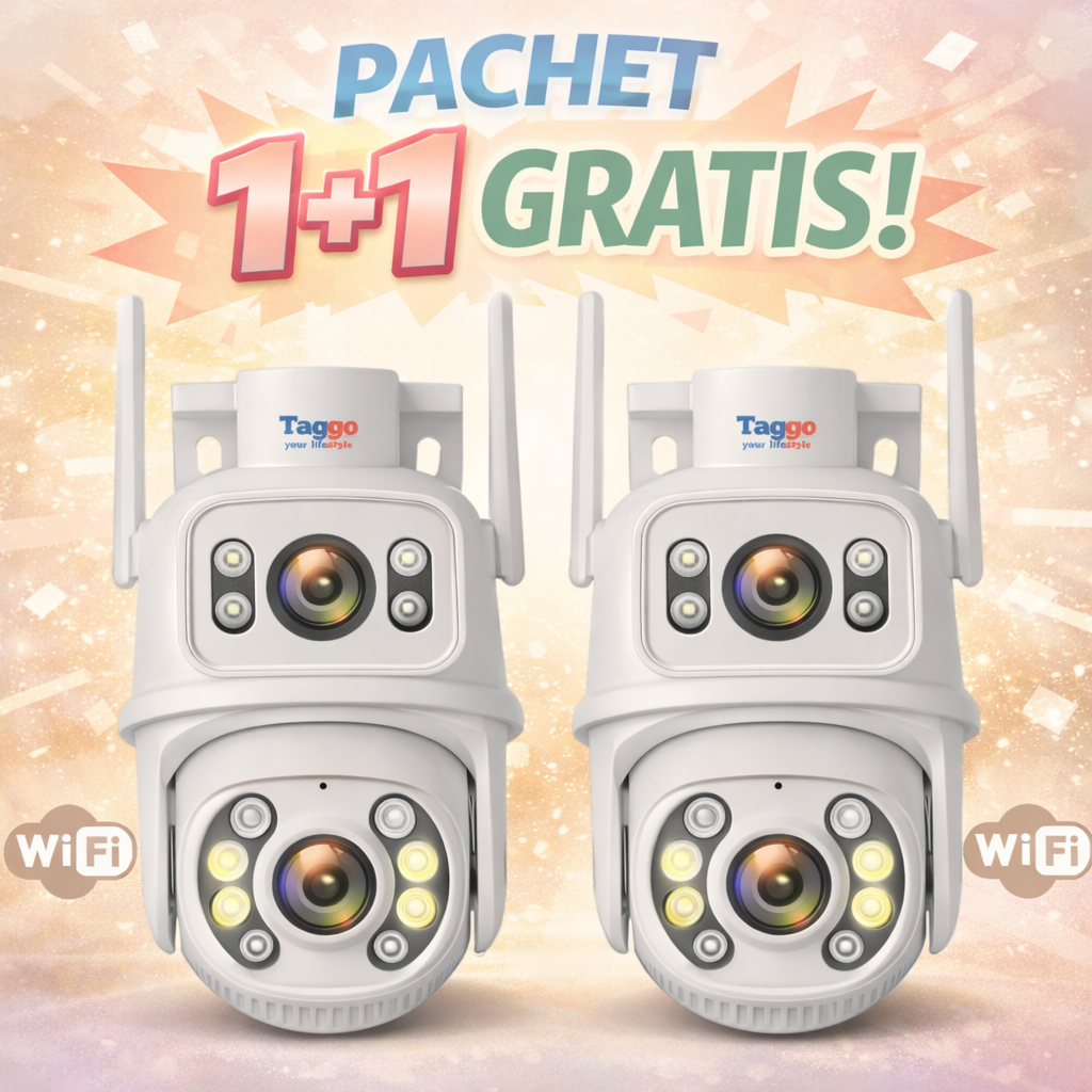 Pachet 1+1 Camere WIFI de supraveghere 4K, 8MP, 2 lentile, Control din aplicatie, Urmarire automata, Rezistenta la apa IP66 - Taggo.ro