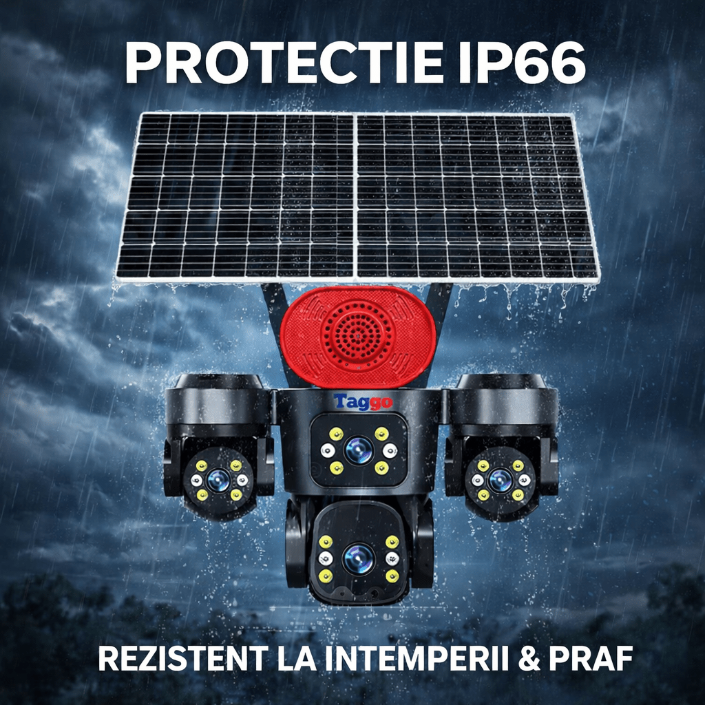 Camera de Supraveghere 4 Lentile, 16MP, Dublu Panou Solar, Conexiune 4G, Control din Aplicatie, Viziune Colora si IR, Comunicare Bidirectionala, Protectie IP66 - Taggo.ro