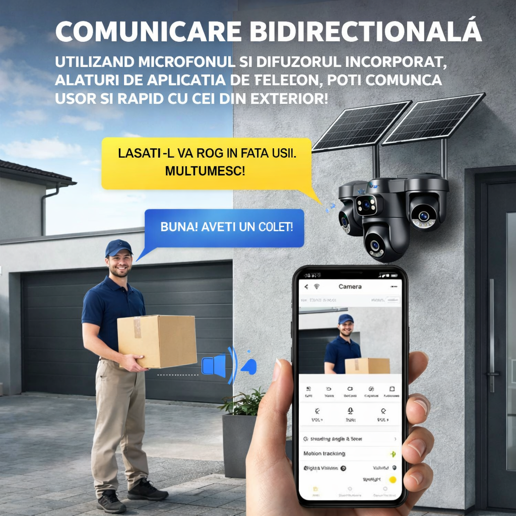 Camera de supraveghere 4G Taggo.ro, 12MP, dublu panou solar, 4 lentile, AI detectie umană și comunicare bidirecțională
