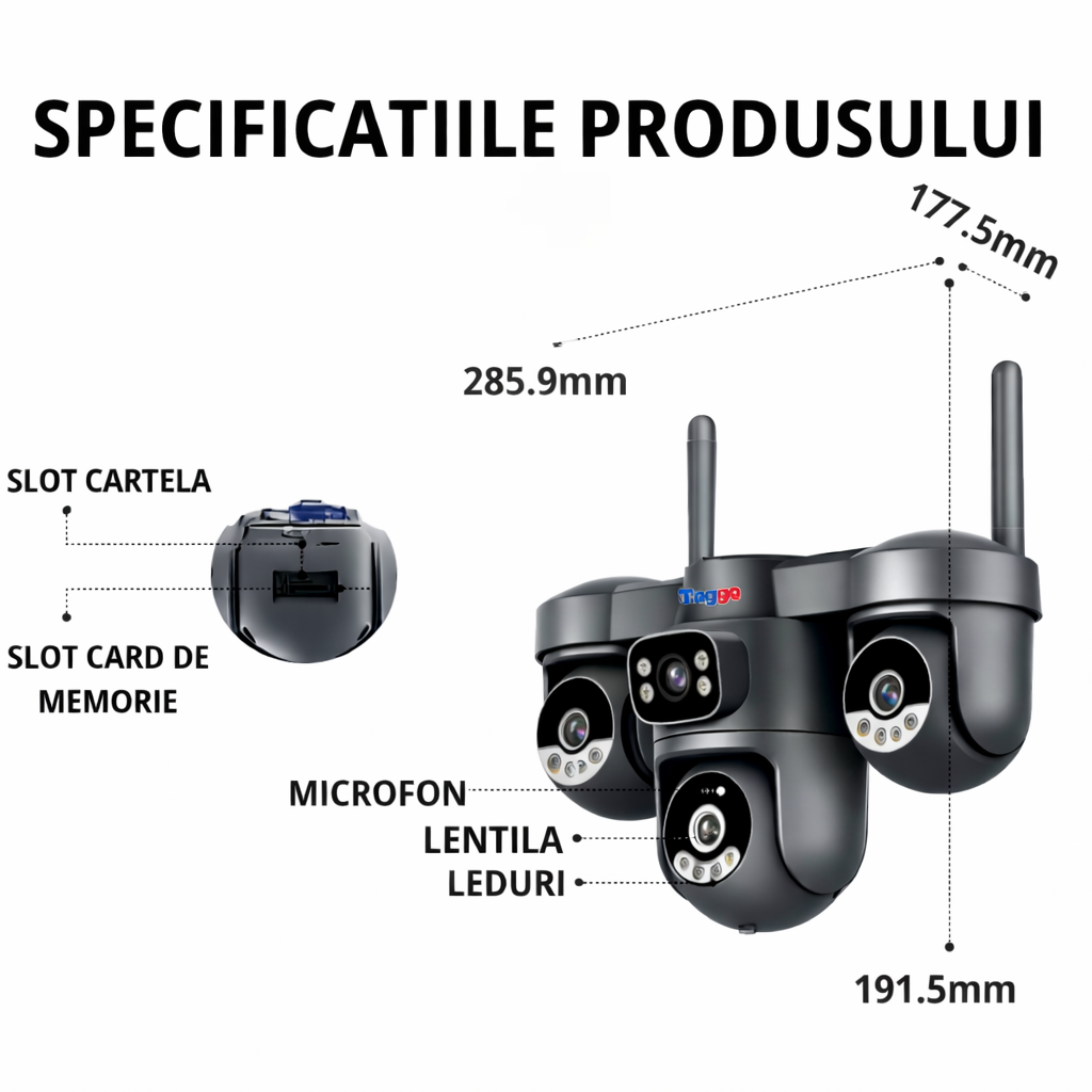 Camera de supraveghere 4G Taggo.ro cu panou solar, 12MP, 4 lentile, funcție AOV, comunicare bidirecțională și detectie umană AI.