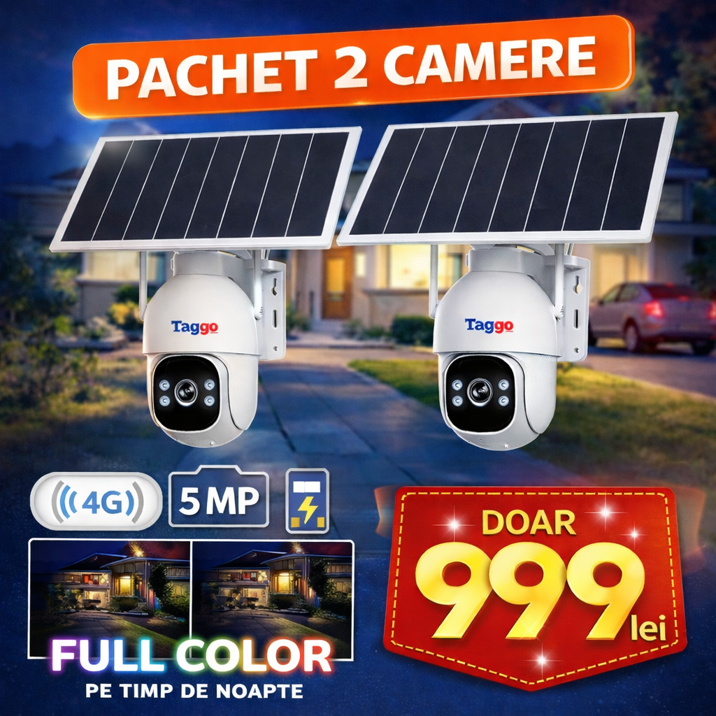 Pachet 2 Camere Supraveghere 4G Solară Taggo Pro S30 – Full Color Noapte, eSIM, Detecție AI 40M, AOV 24/7, 5MP - Taggo.ro