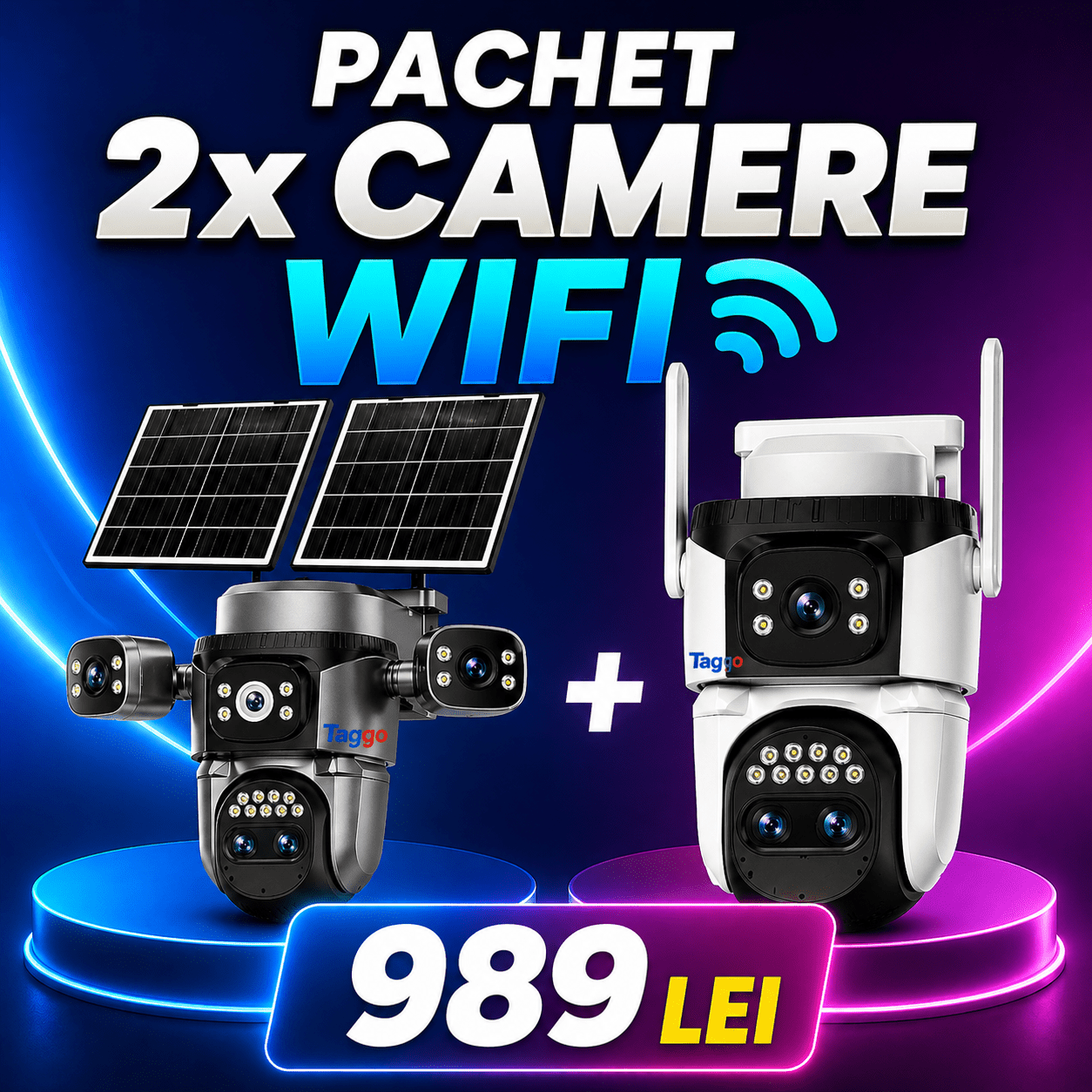 Camera WiFi Fast Bundle cu panou solar dublu, zoom optic 12MP și conexiune priza pentru securitate eficientă.