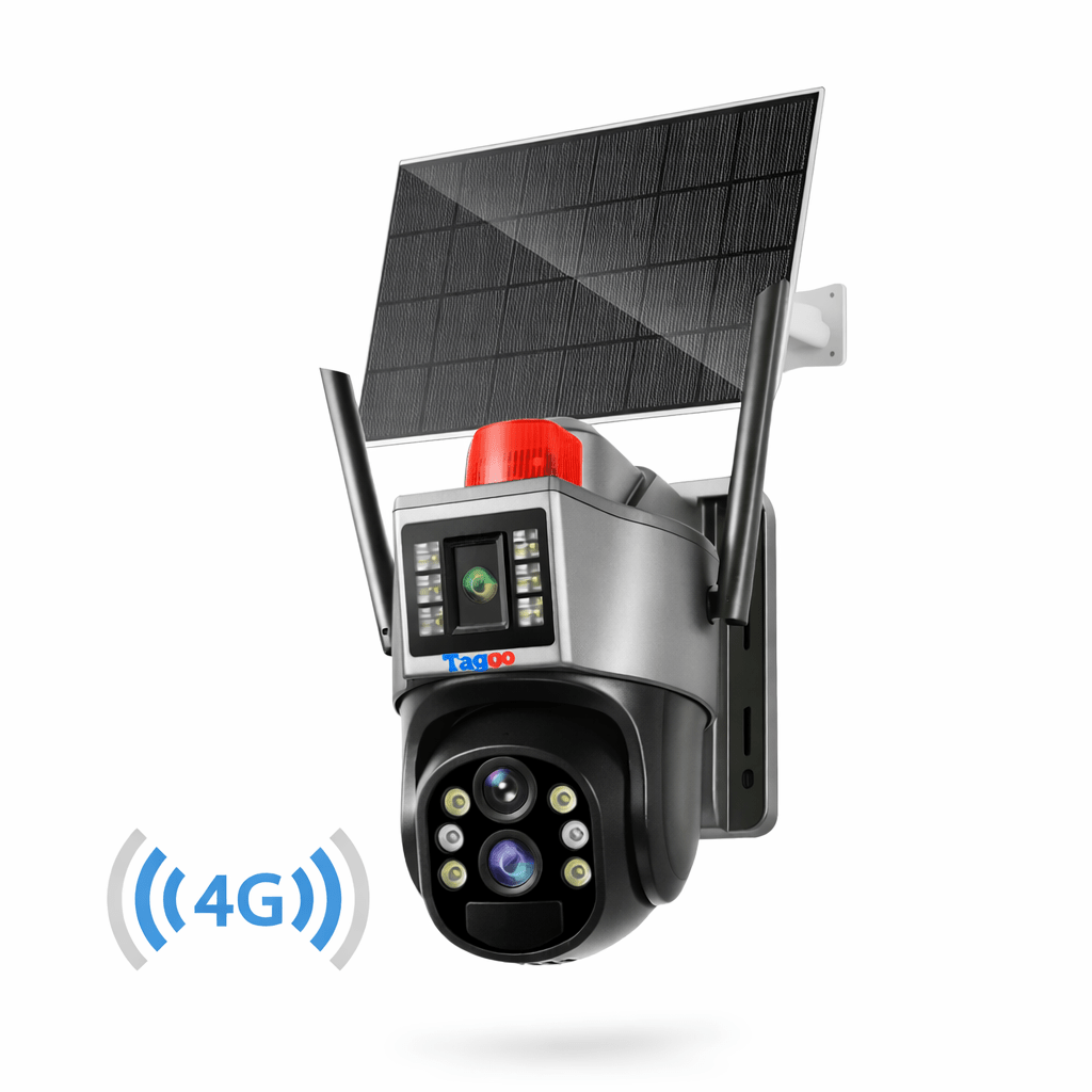 Camera de supraveghere Taggo.ro cu panou solar 4K, zoom 10X, detectie umană, control app și protecție IP66.