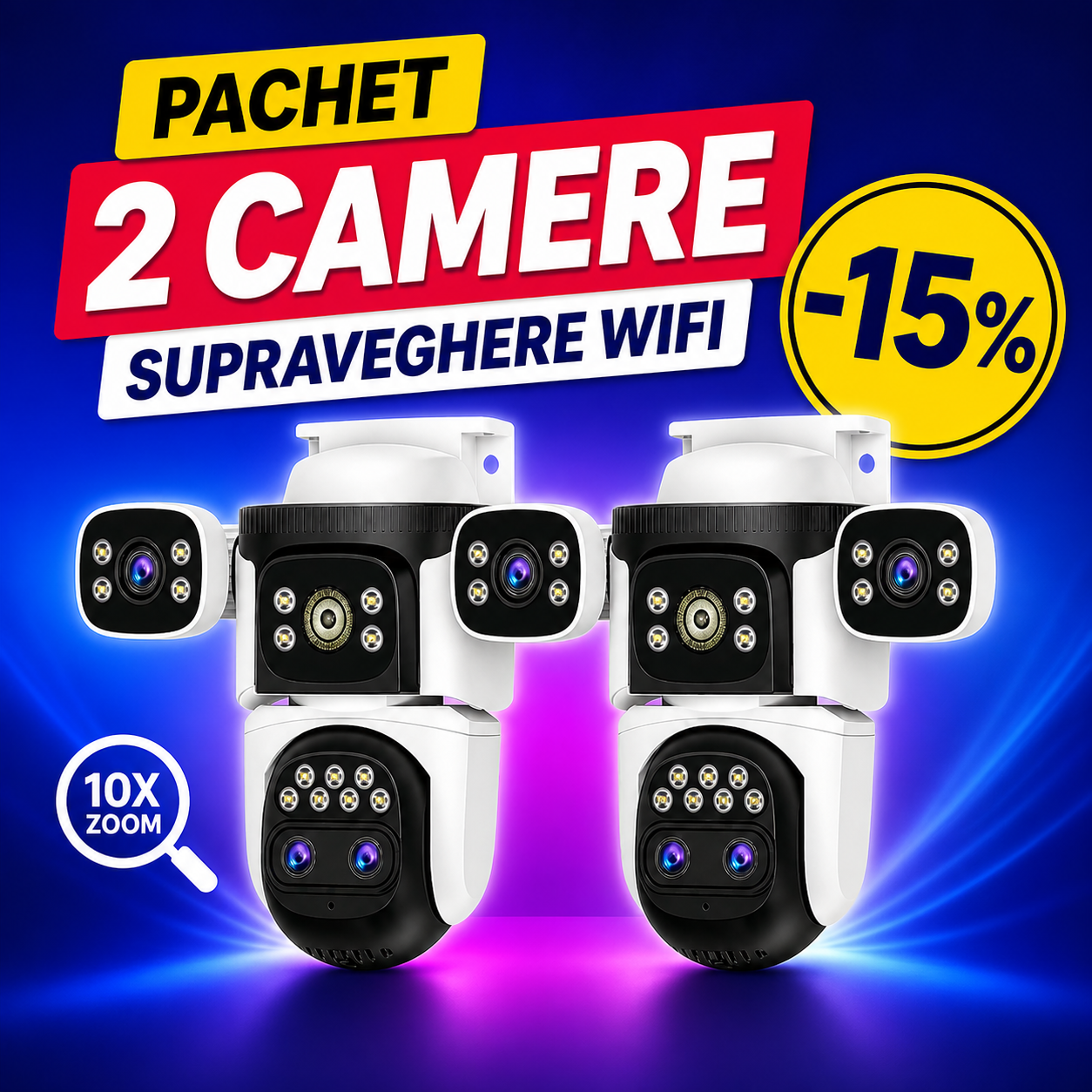 Set de 2 camere supraveghere WiFi Fast Bundle, 12MP cu zoom optic 10x pentru monitorizare clară și detaliată.