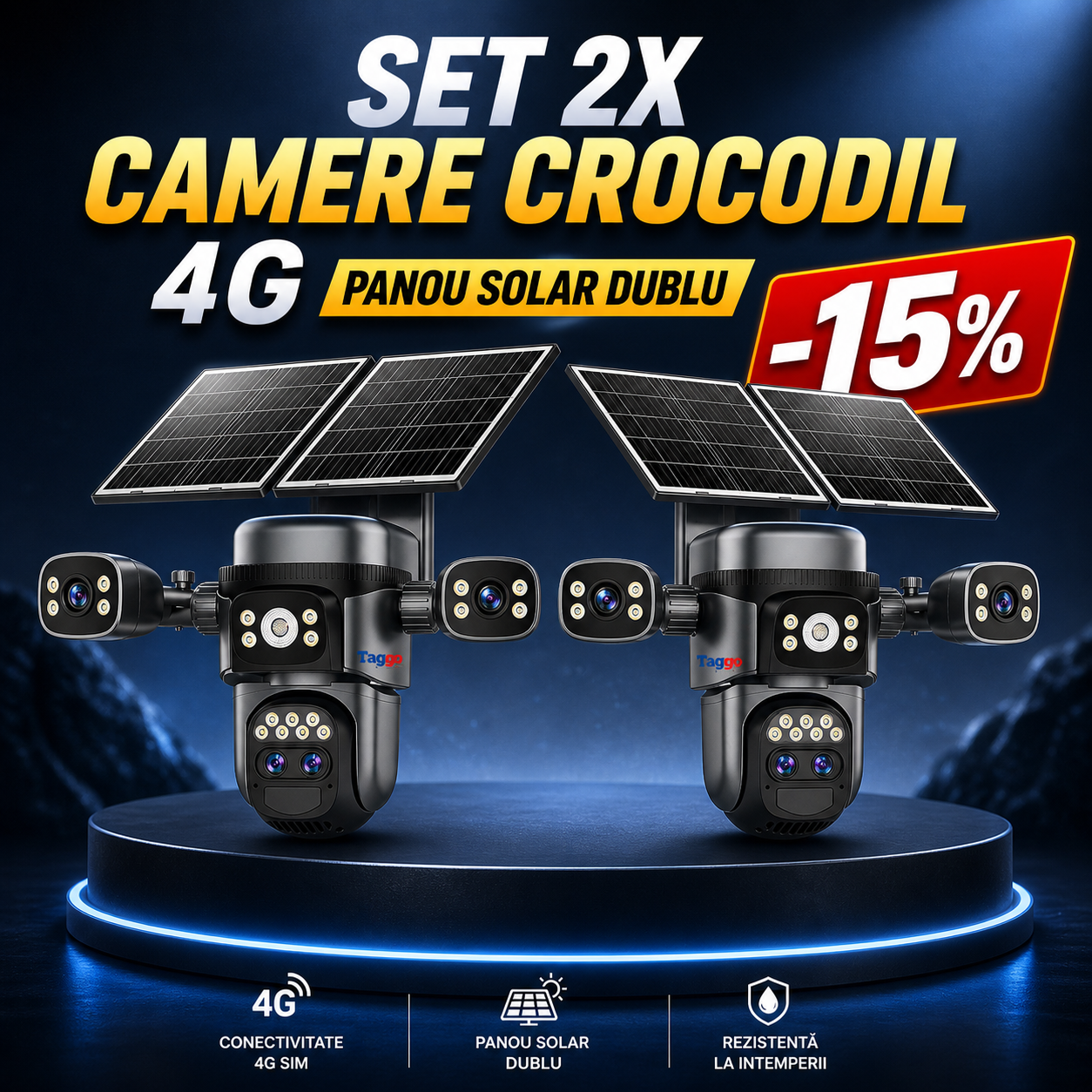 Set 2 camere supraveghere Crocodil Fast Bundle cu panou solar dublu, 4G, zoom 10x pentru securitate eficientă