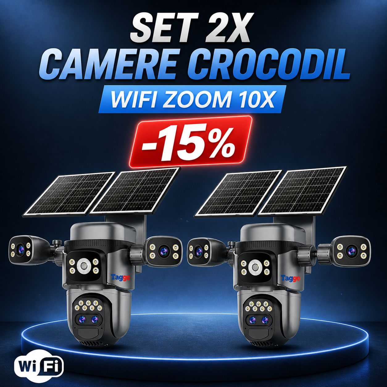 Două camere de supraveghere Crocodil WiFi cu zoom 10x și înregistrare AOV, de la Fast Bundle, vizualizare clară și detaliată.