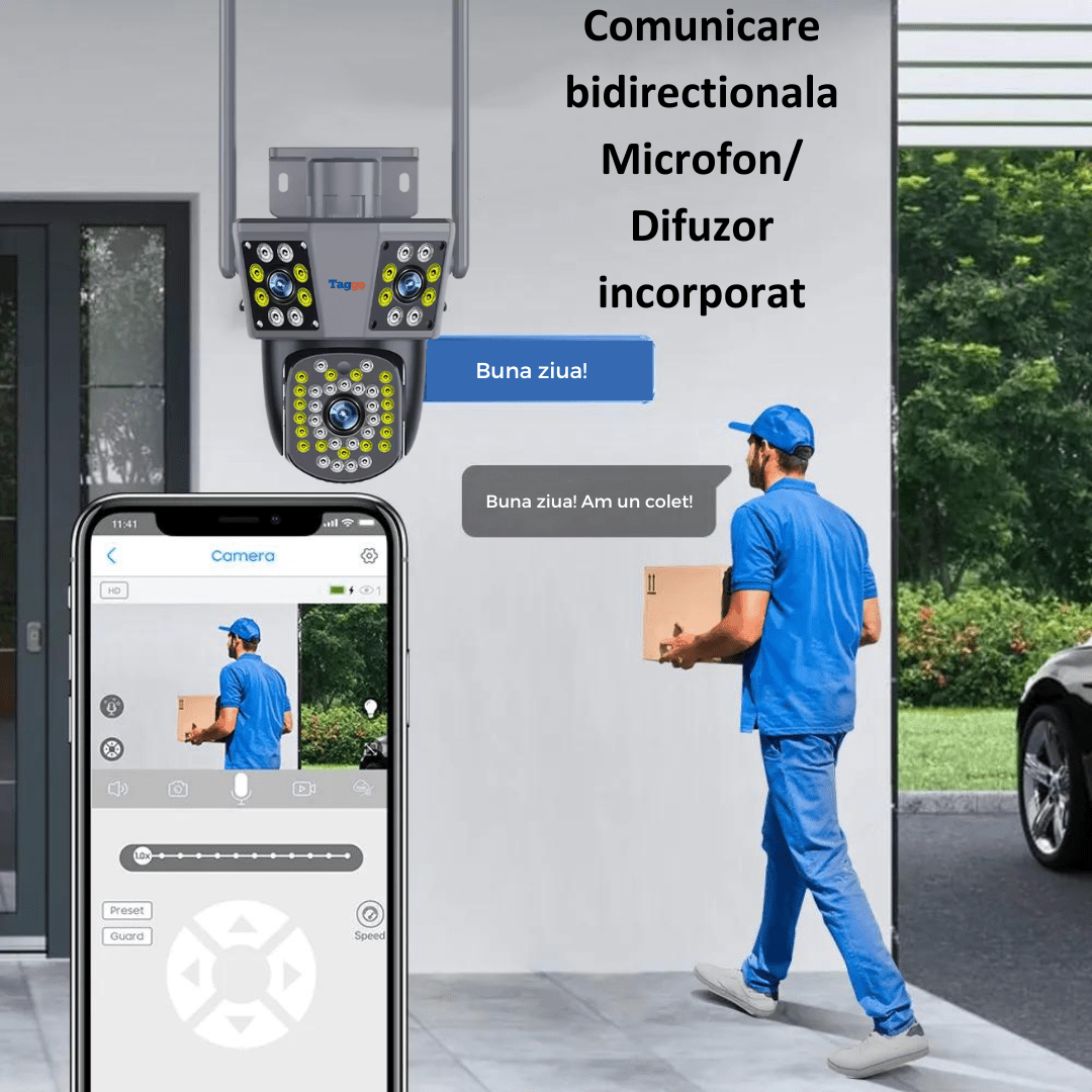 Camera de supraveghere WIFI 3K Taggo.ro cu microfon și difuzor incorporat, control din aplicație, rezistentă la apă IP66