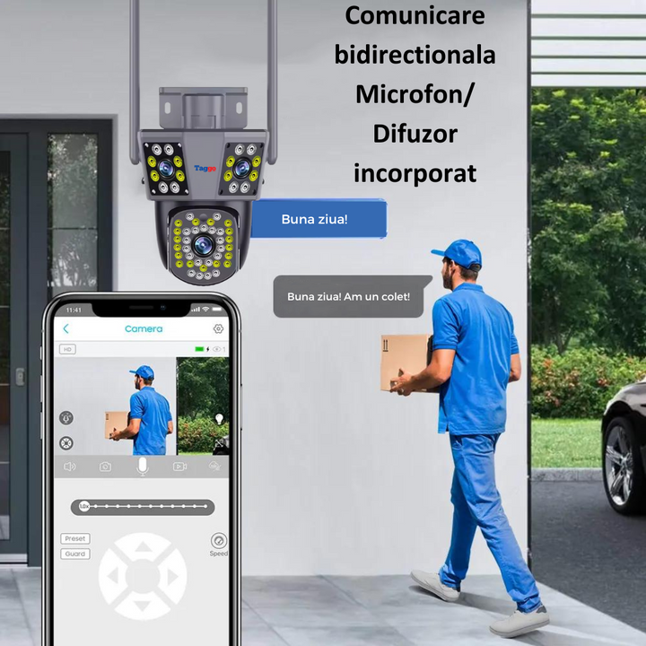Camera de supraveghere WIFI 3K, 3 lentile, Control din aplicatie, Urmarire automata, Rezistenta la apa IP66 - Taggo.ro