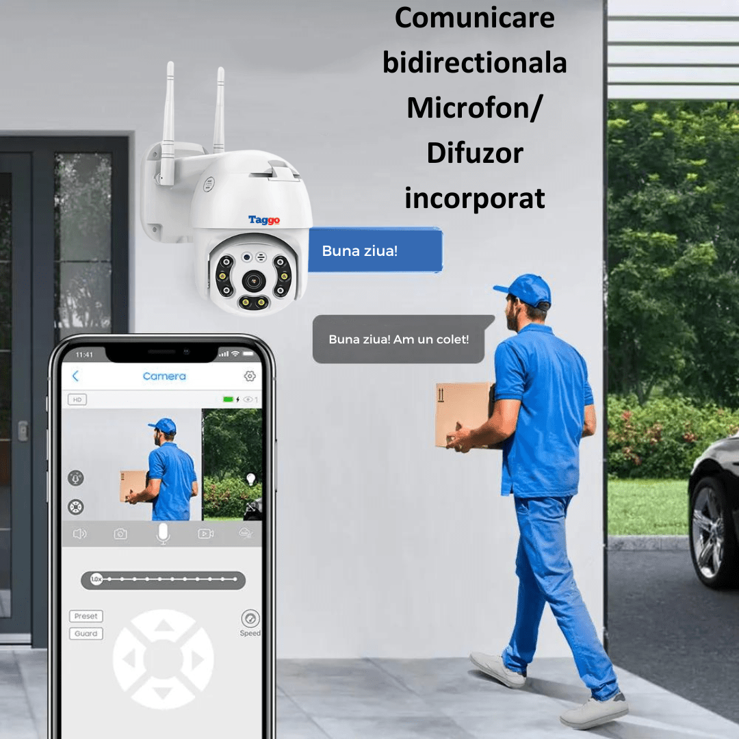 Camera supraveghere WiFi Taggo 5MP cu microfon și difuzor, rezistent la apă, rotire 360° și detectare umană.