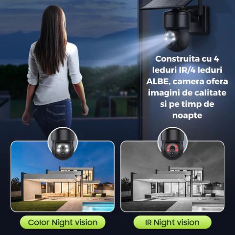 Camera de supraveghere Black 5MP cu încărcare solară, rotire din aplicație, IP66, cu LED-uri IR albe și protecție la ploaie.