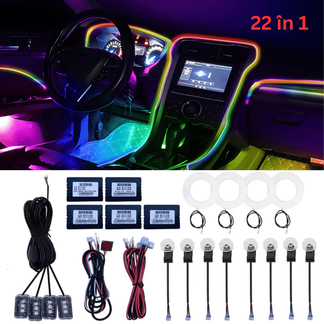 Kit lumini ambientale RGB 12V pentru interior auto Taggo, acrilic, 64 culori, iluminare bord, usi, manere, boxe și podea.