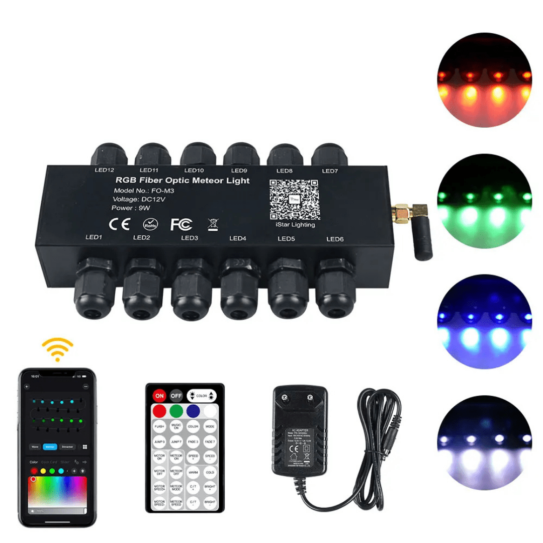 Kit fibra optică Taggo cu efect stele căzătoare RGB, 12 canale, 500 fire, lungime 3m, pentru decor modern.
